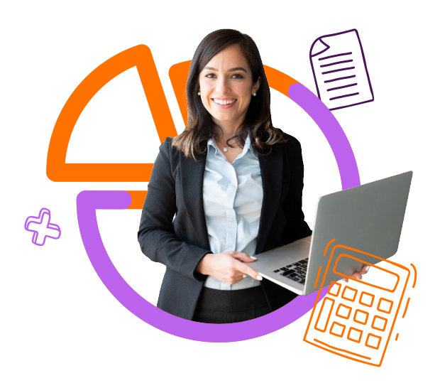 Woman smiling holding laptop surrounded by pie chart illustration